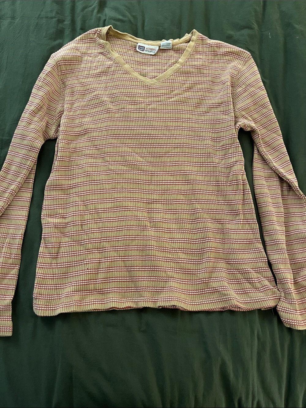 Faded Glory Tan & Red Striped V-Neck Long Sleeve